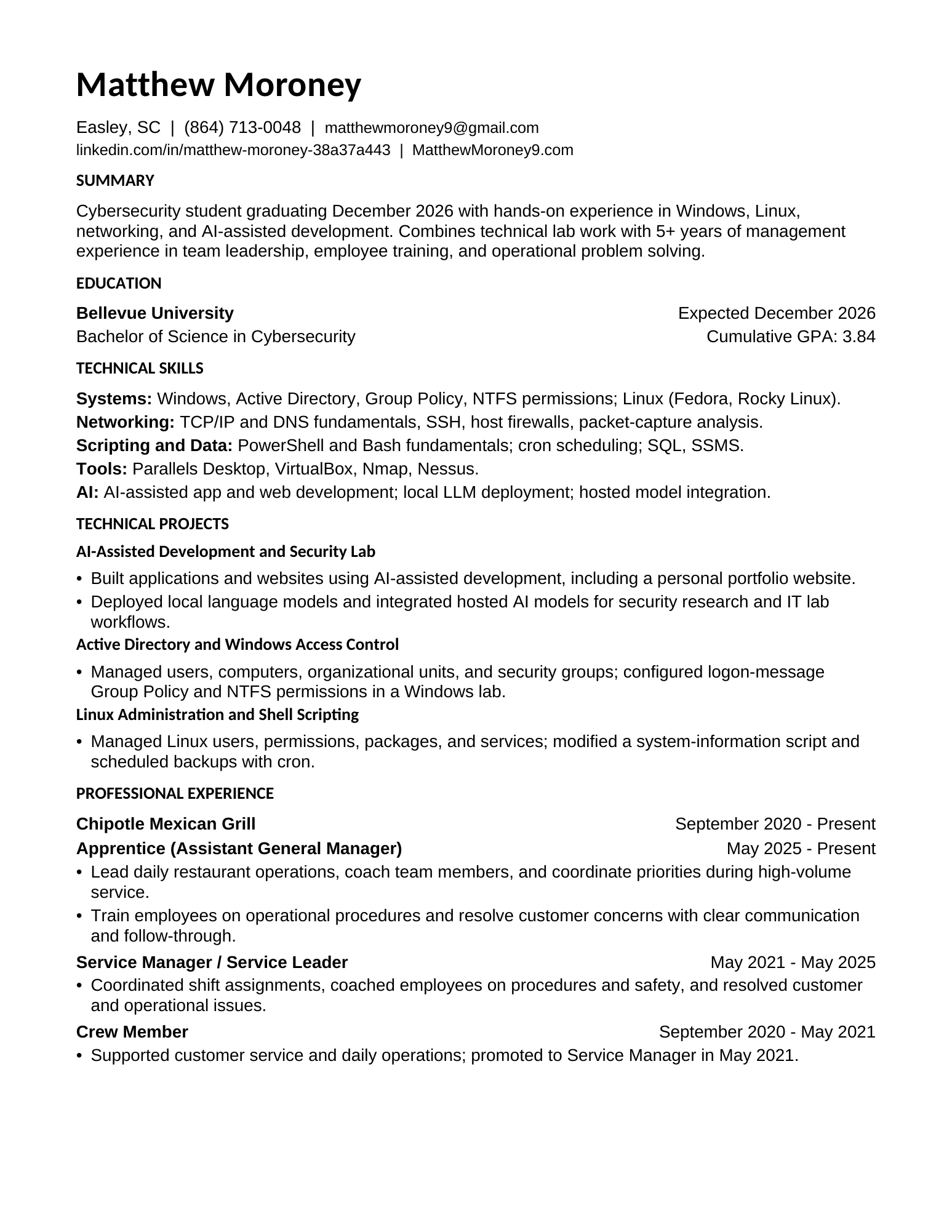 Preview of Matthew Moroney's one-page resume, including education, technical skills, AI and systems projects, and Chipotle management experience.